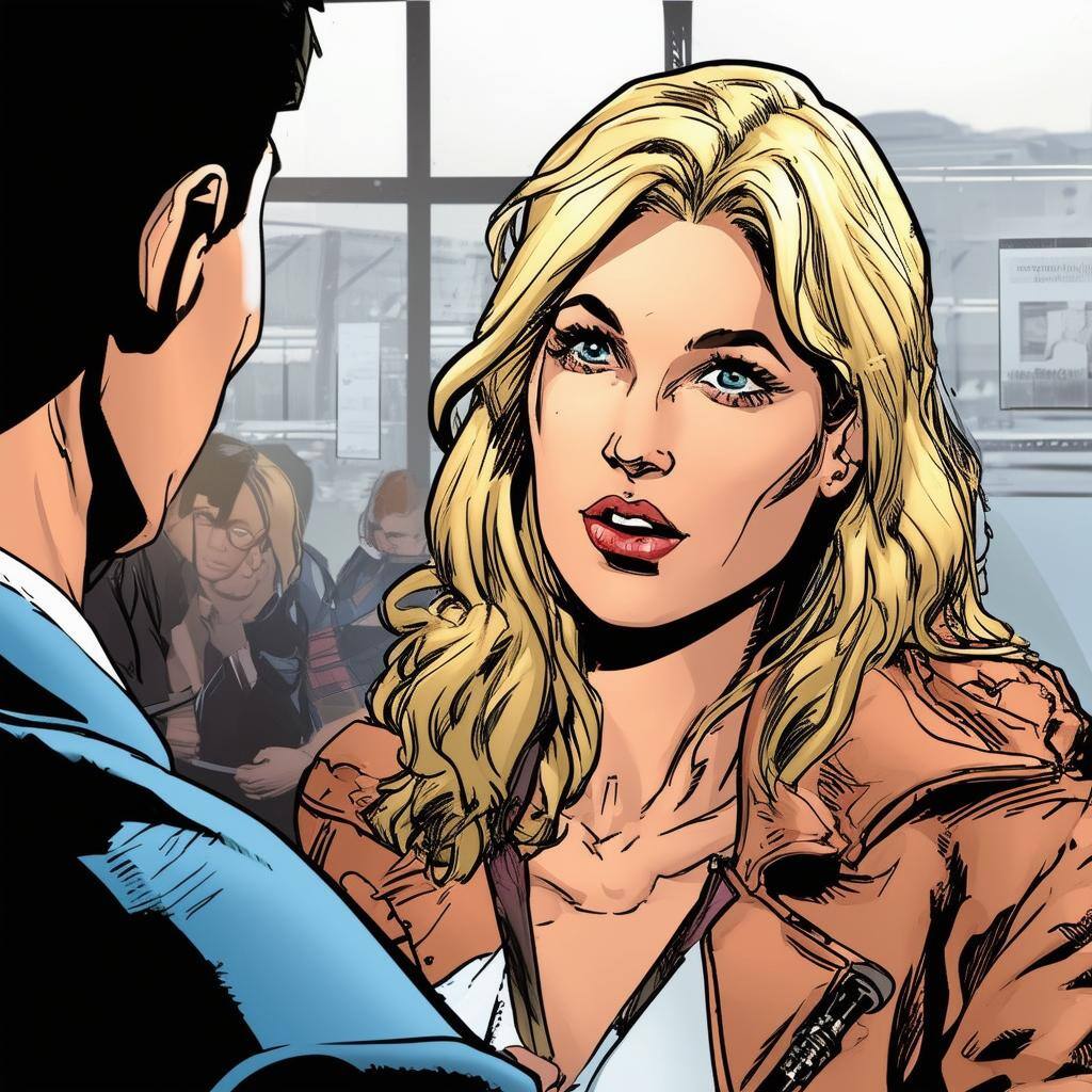 a blond woman giving an interview to a man