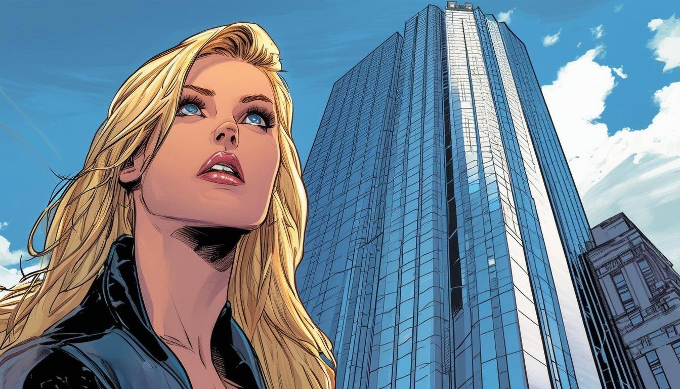 a blond woman in front of a skyscraper-1