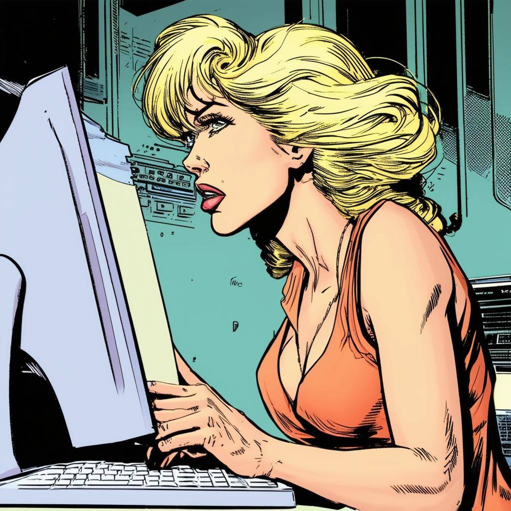 a blond woman looking at a file at here computer