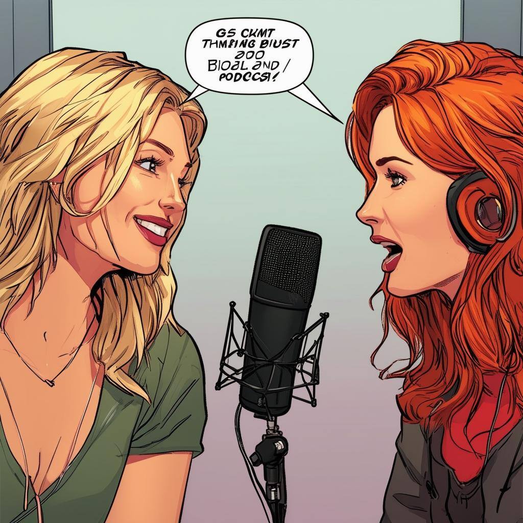 a blond woman speaking to a red haired woman in a podcast situation