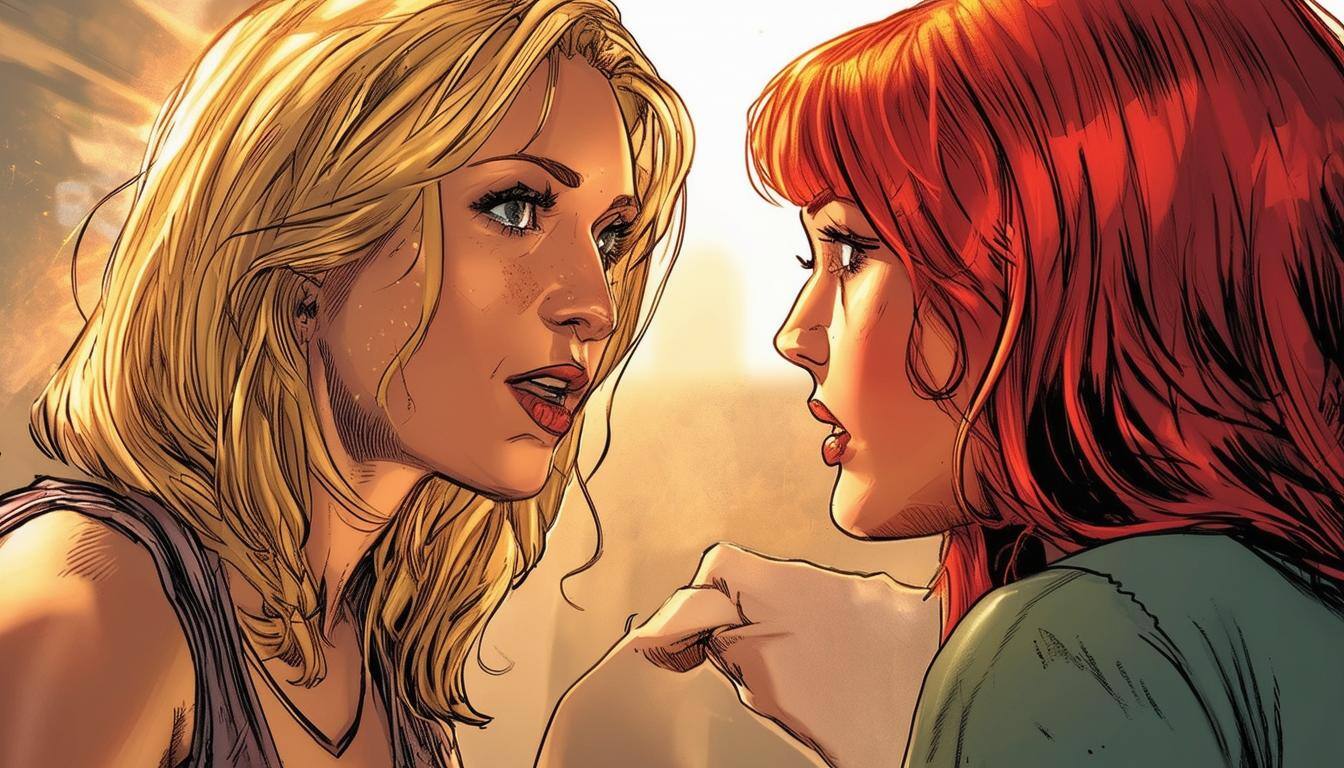 a blond woman speaking to a red haired woman