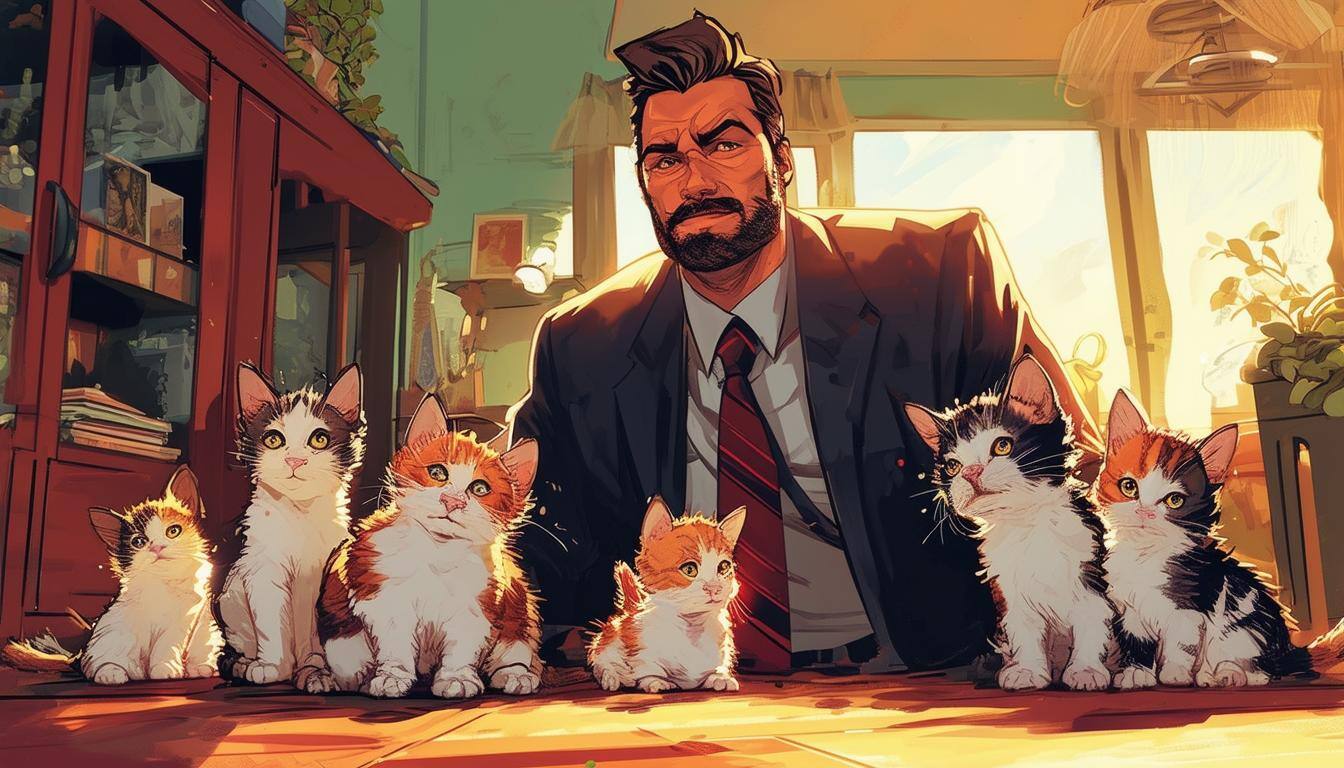 a business man in his home offive with lots of baby cats