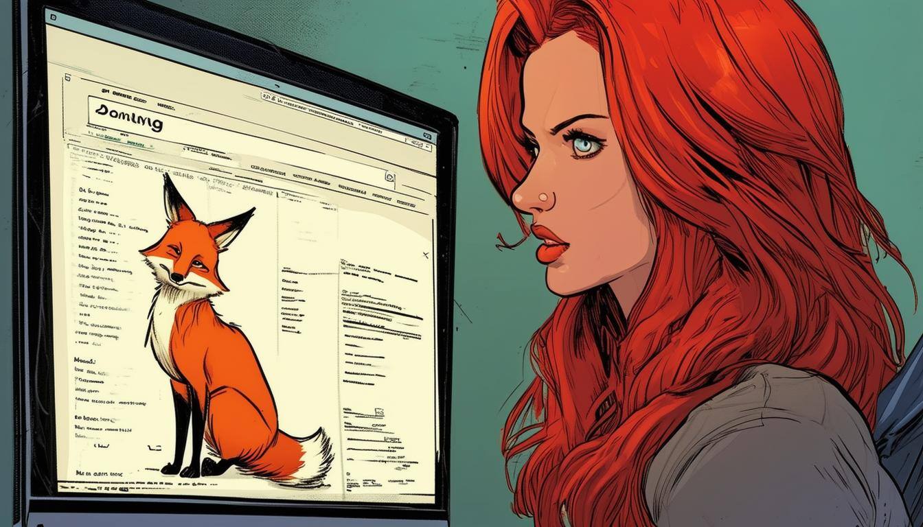 a red haired woman testing a website of a fox