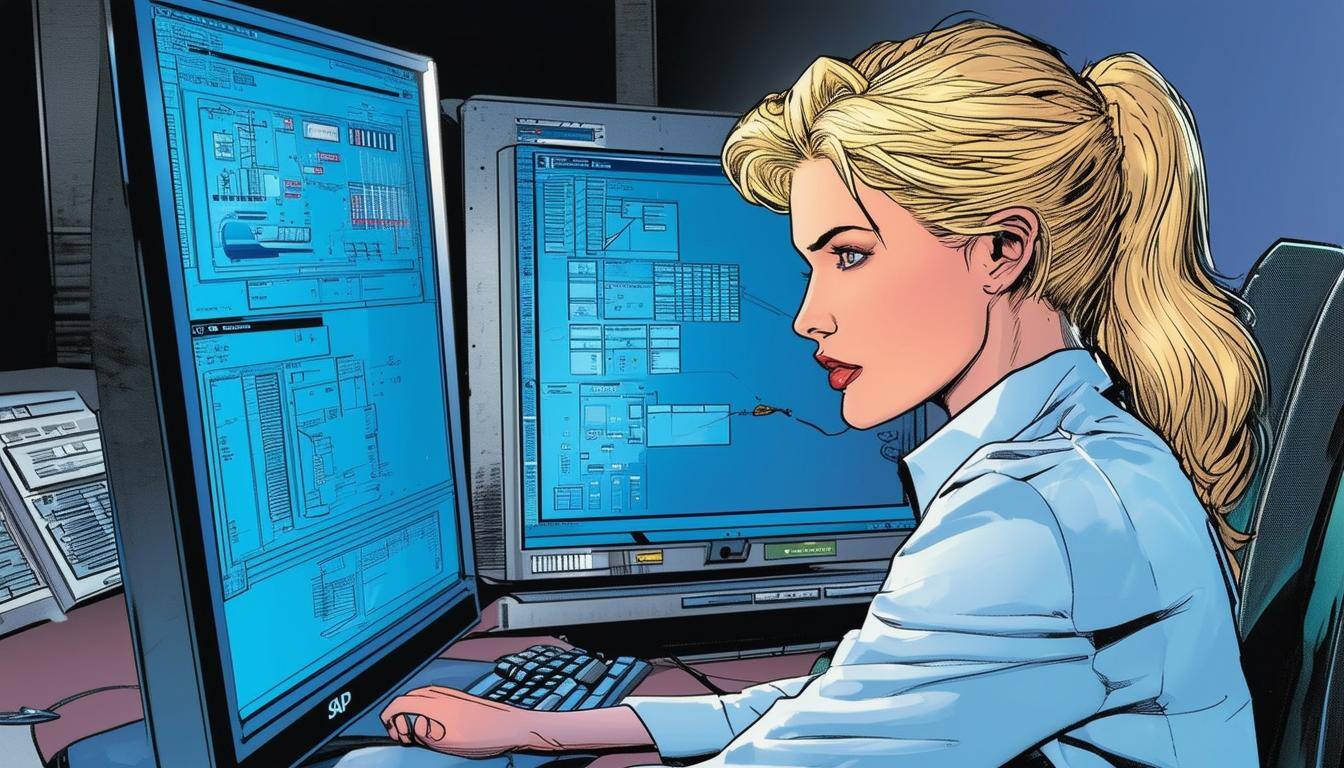 a woman with blond hair in front of a PC working on SAP